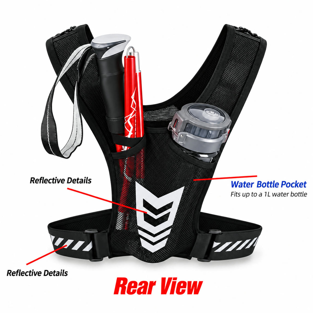 Rear view: reflective details and 1L water bottle pocket
