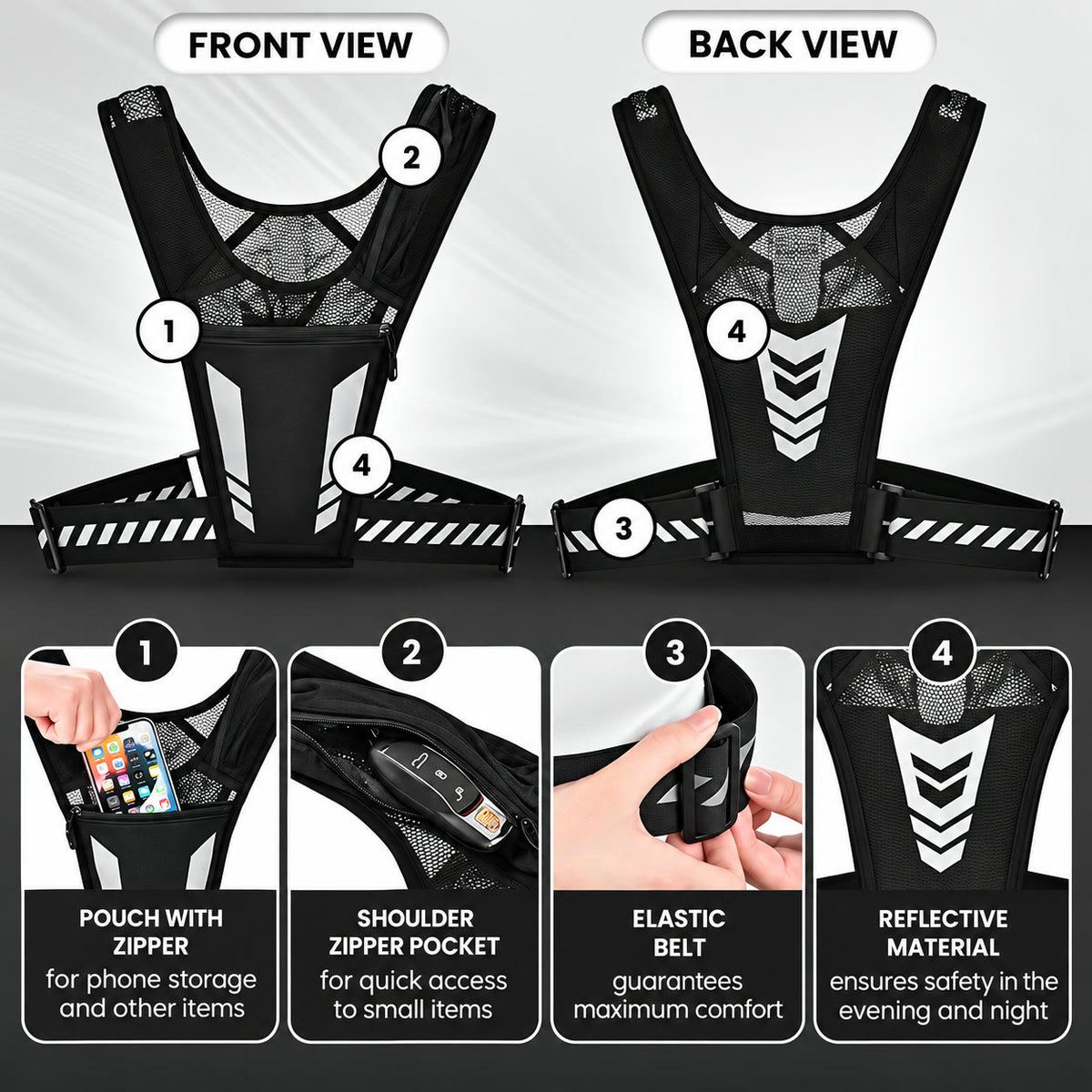 Front and back features: zip pouch, shoulder pocket, elastic belt, reflective material