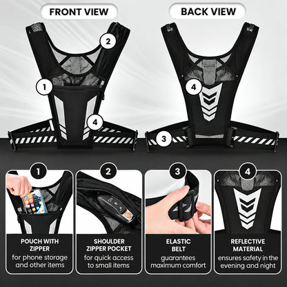 Front and back features: zip pouch, shoulder pocket, elastic belt, reflective material