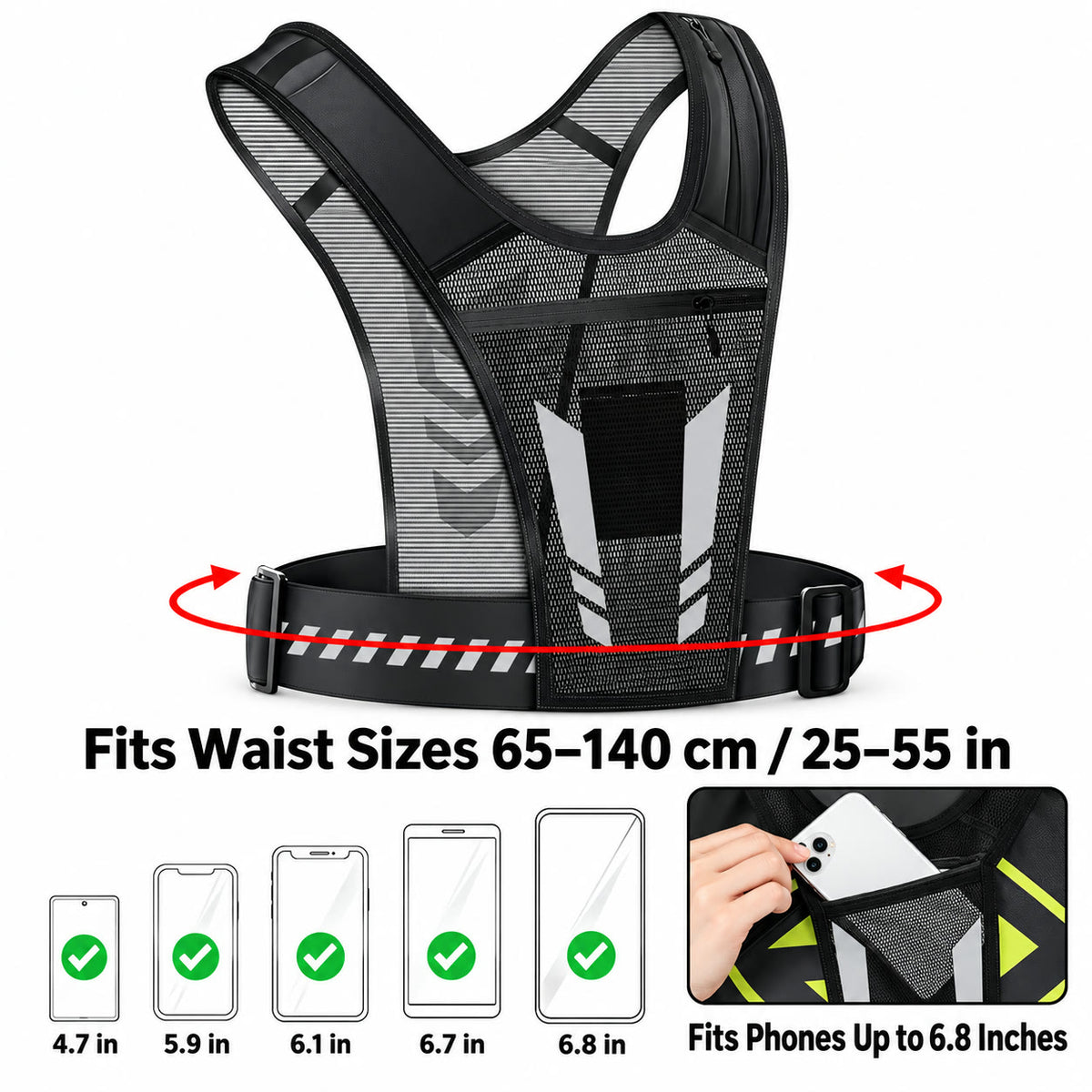 Fits waist sizes 65-140 cm and phones up to 6.8 inches